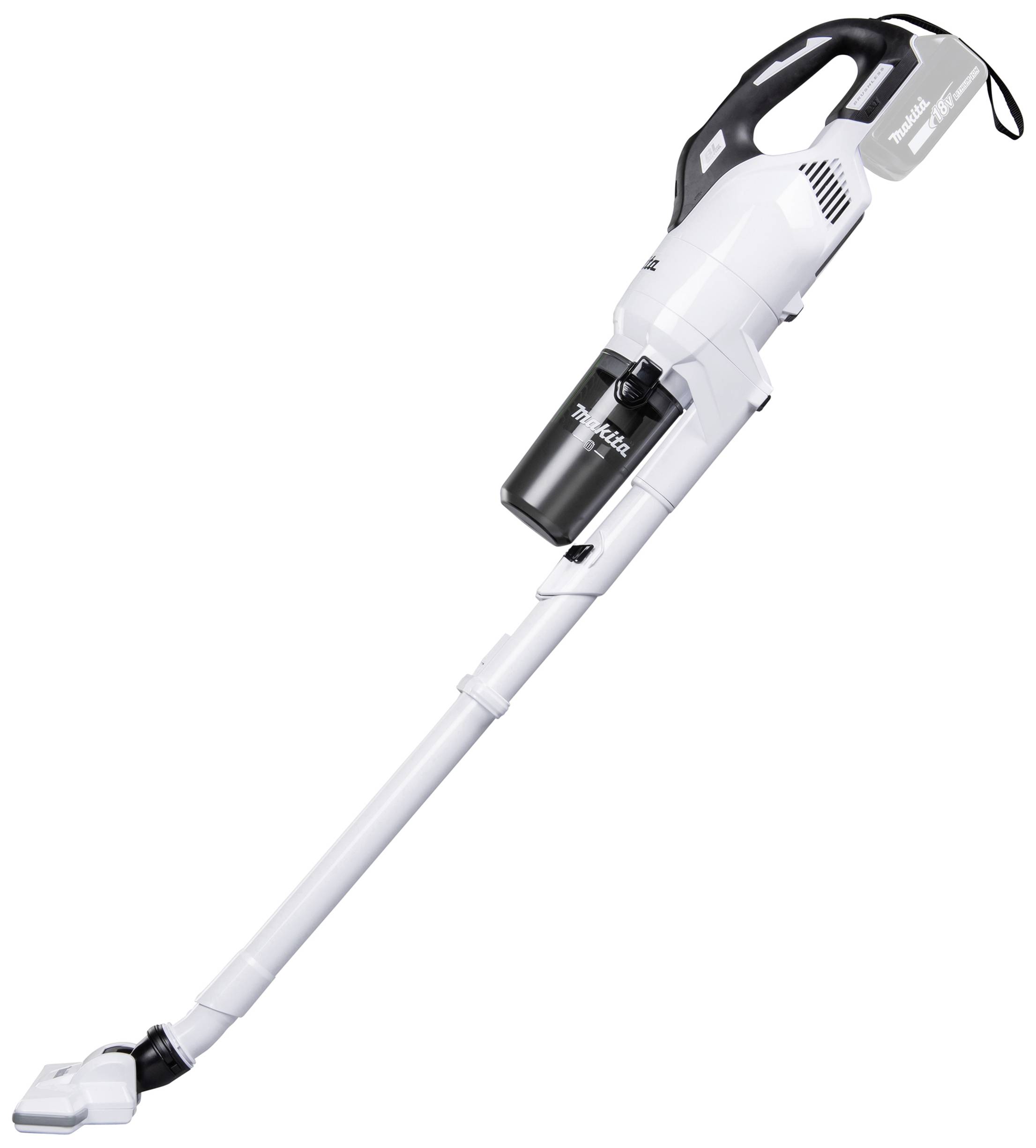 Cordless Vacuum Cleaner in White, with Adjustable Handle, Black Handle and Suction Head, Suitable for Various Cleaning Tasks.