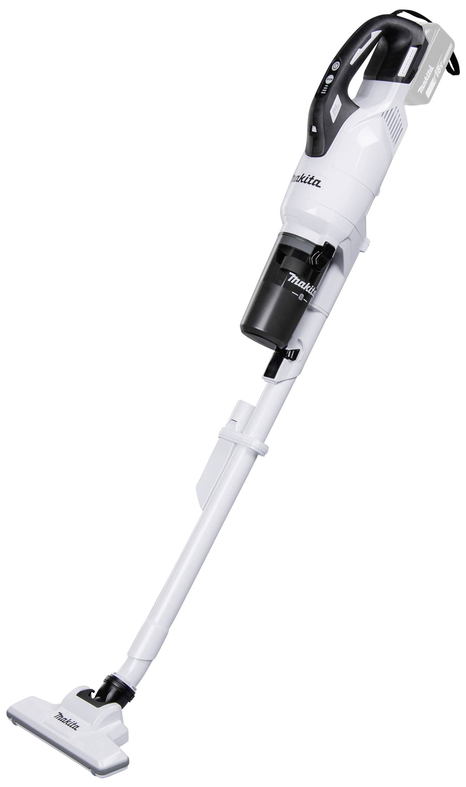 Cordless, white stick vacuum cleaner with a black handle. Suitable for floor cleaning. Lightweight and ergonomic design.