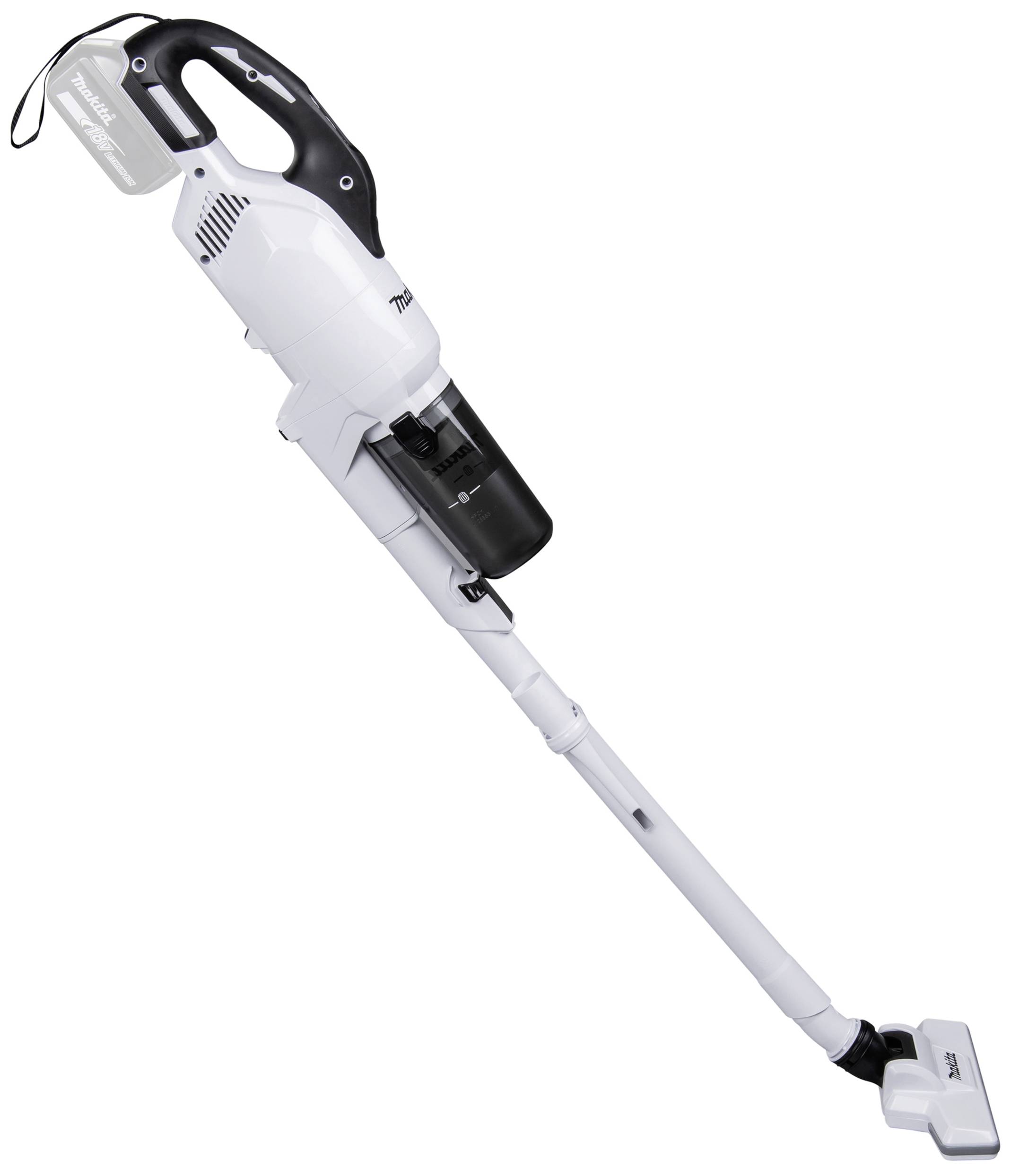 A white cordless vacuum cleaner, sleek design, suitable for floor cleaning with a removable dust container.
