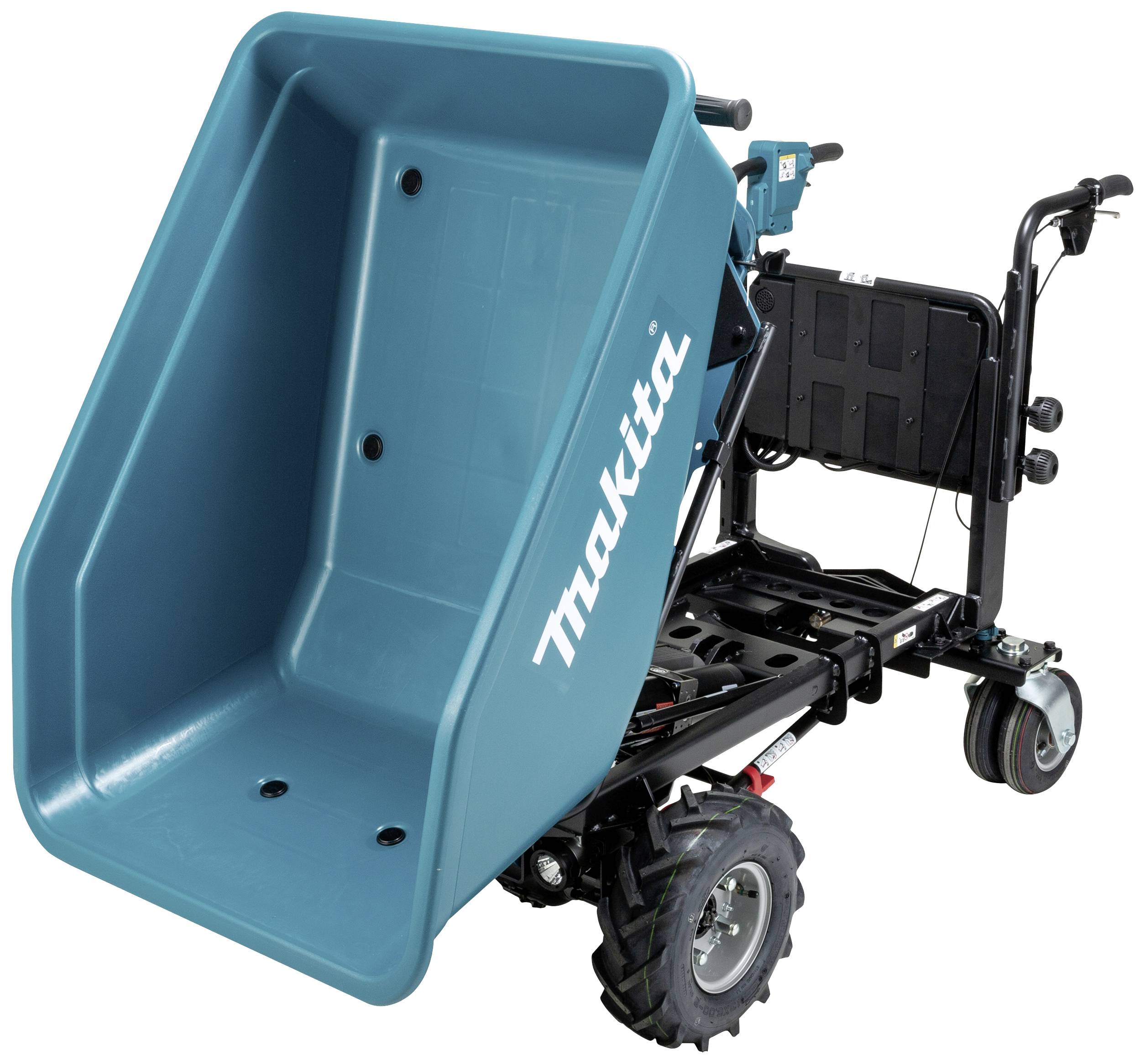 Electric wheelbarrow with blue load area and three wheels, brand 'Makita'.