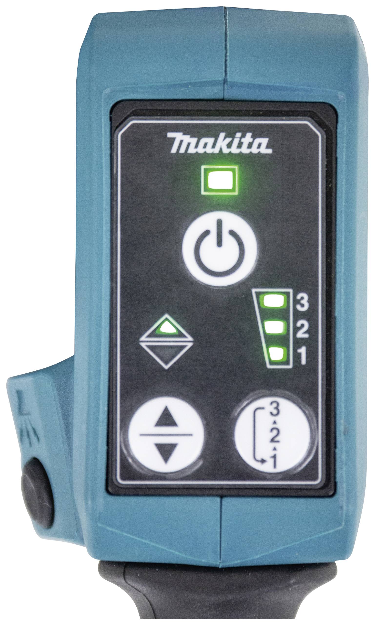 Electronic control panel of a tool with power on/off button, operational indicator light, and three power levels.