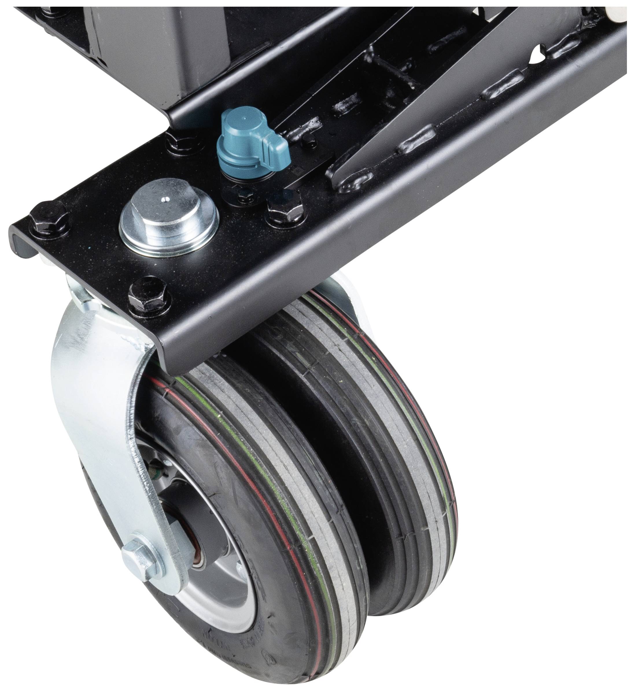 Close-up of two black wheels of a trolley, with a blue lever on top.