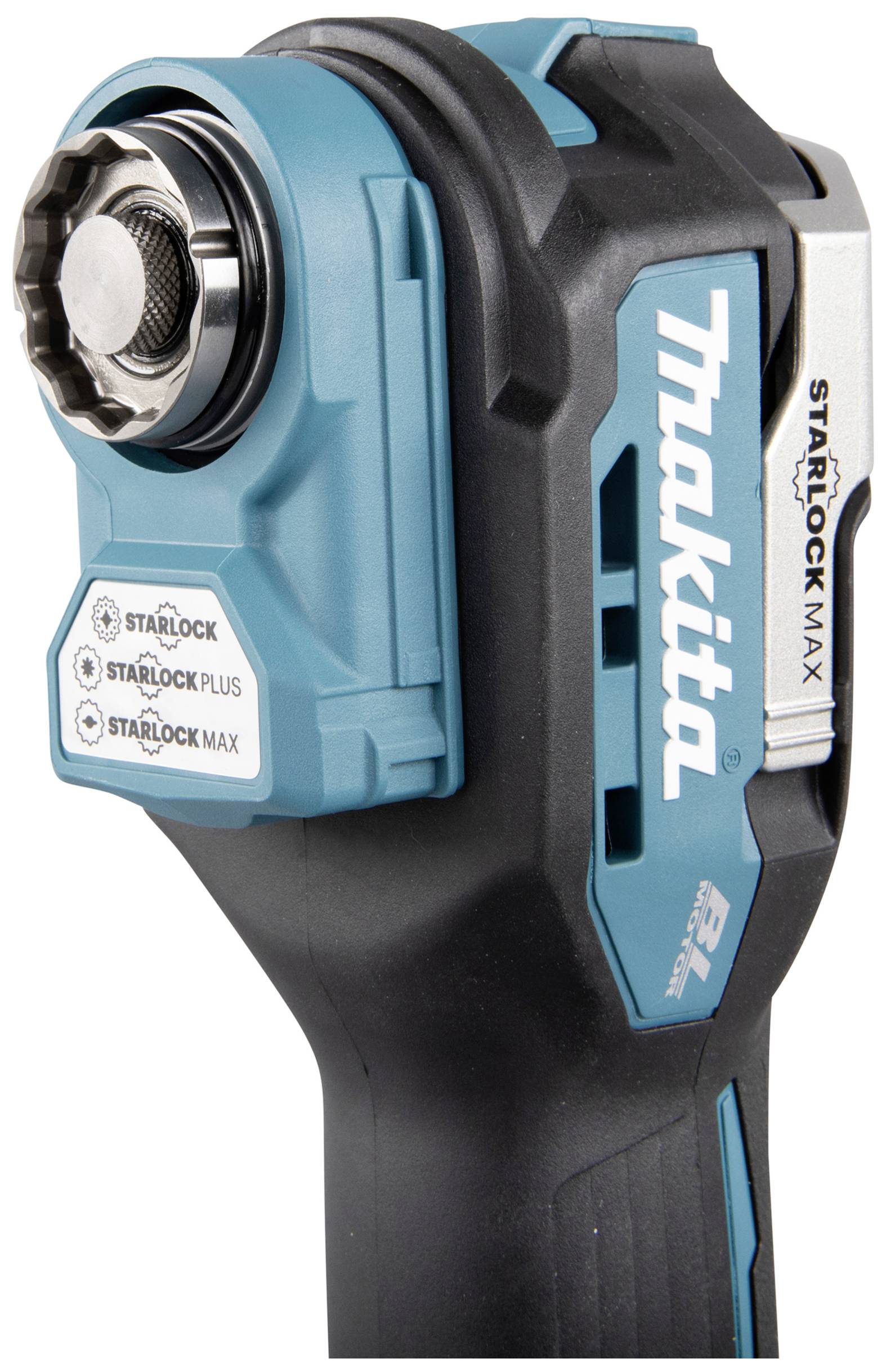 Multifunctional tool in black and turquoise from Makita, compatible with the 'Starlock' system for various attachments.