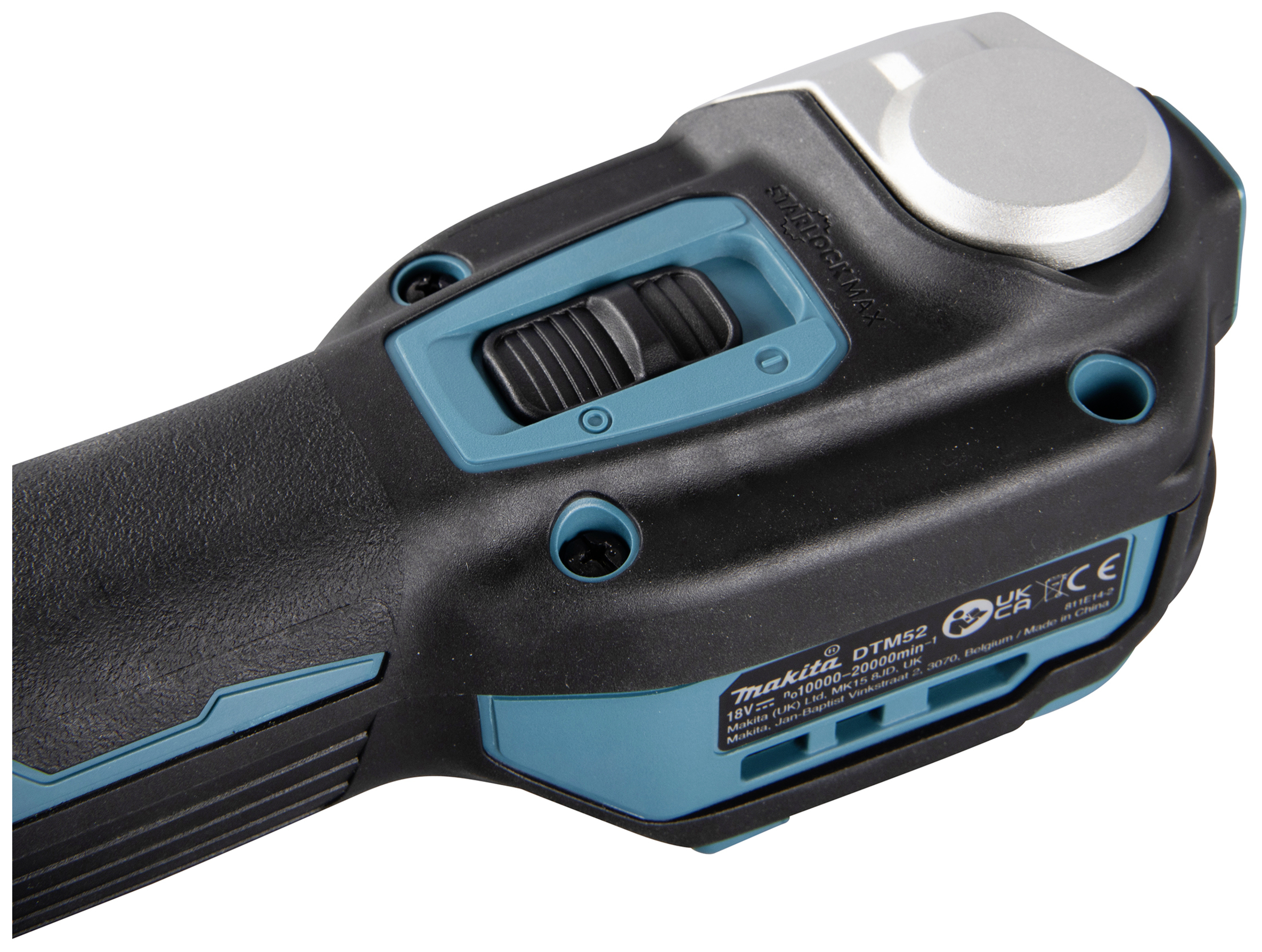 An electrical hand tool with a black and dark blue casing and controls.