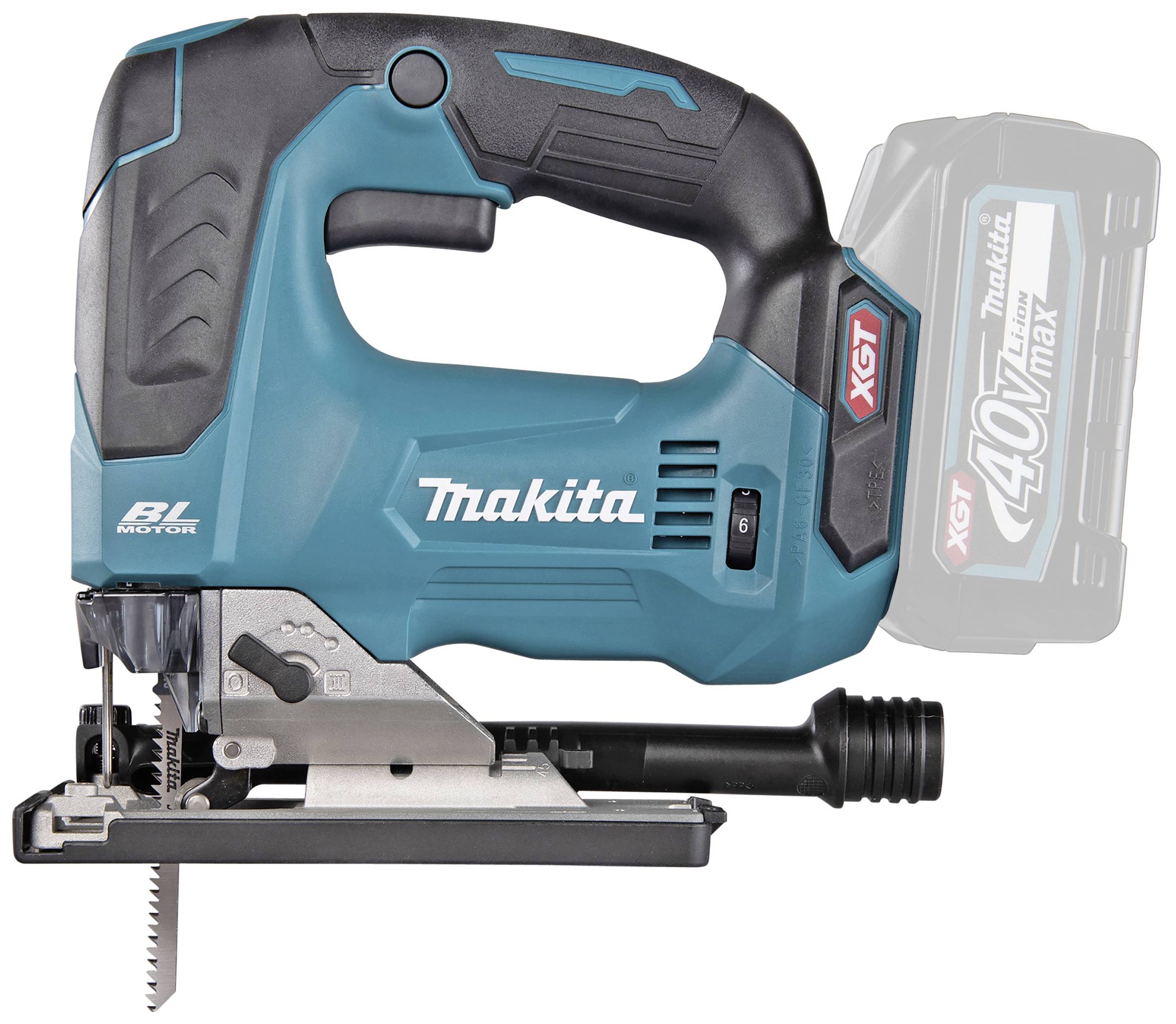Blue Makita jigsaw with a black handle and silver base, pictured without a battery inserted.