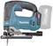 Blue Makita jigsaw with a black handle and silver base, pictured without a battery inserted.