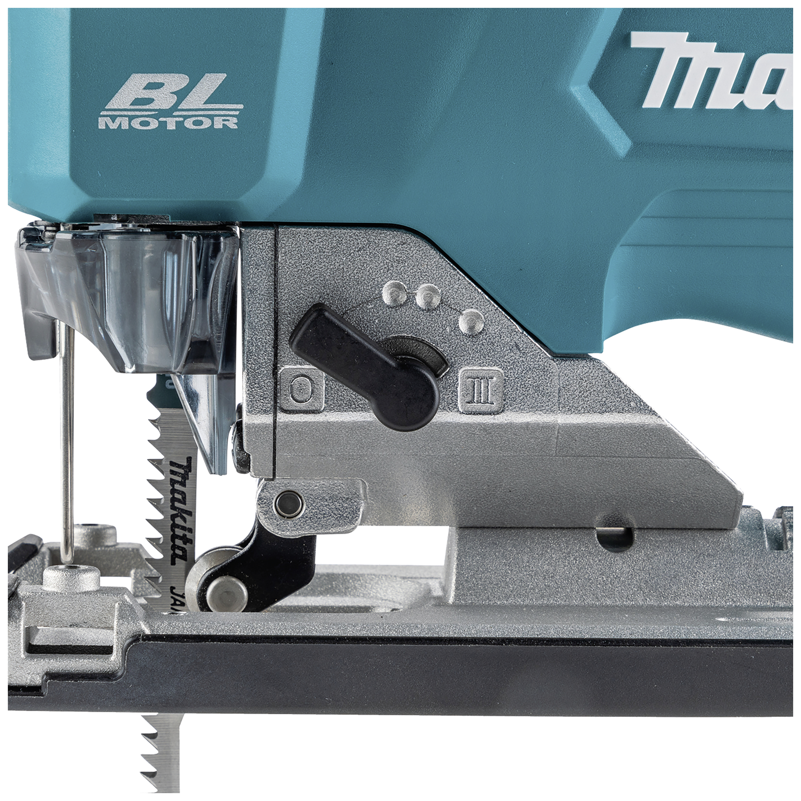 An electric jigsaw with a blue casing and grey control element. The saw blade is partially visible.