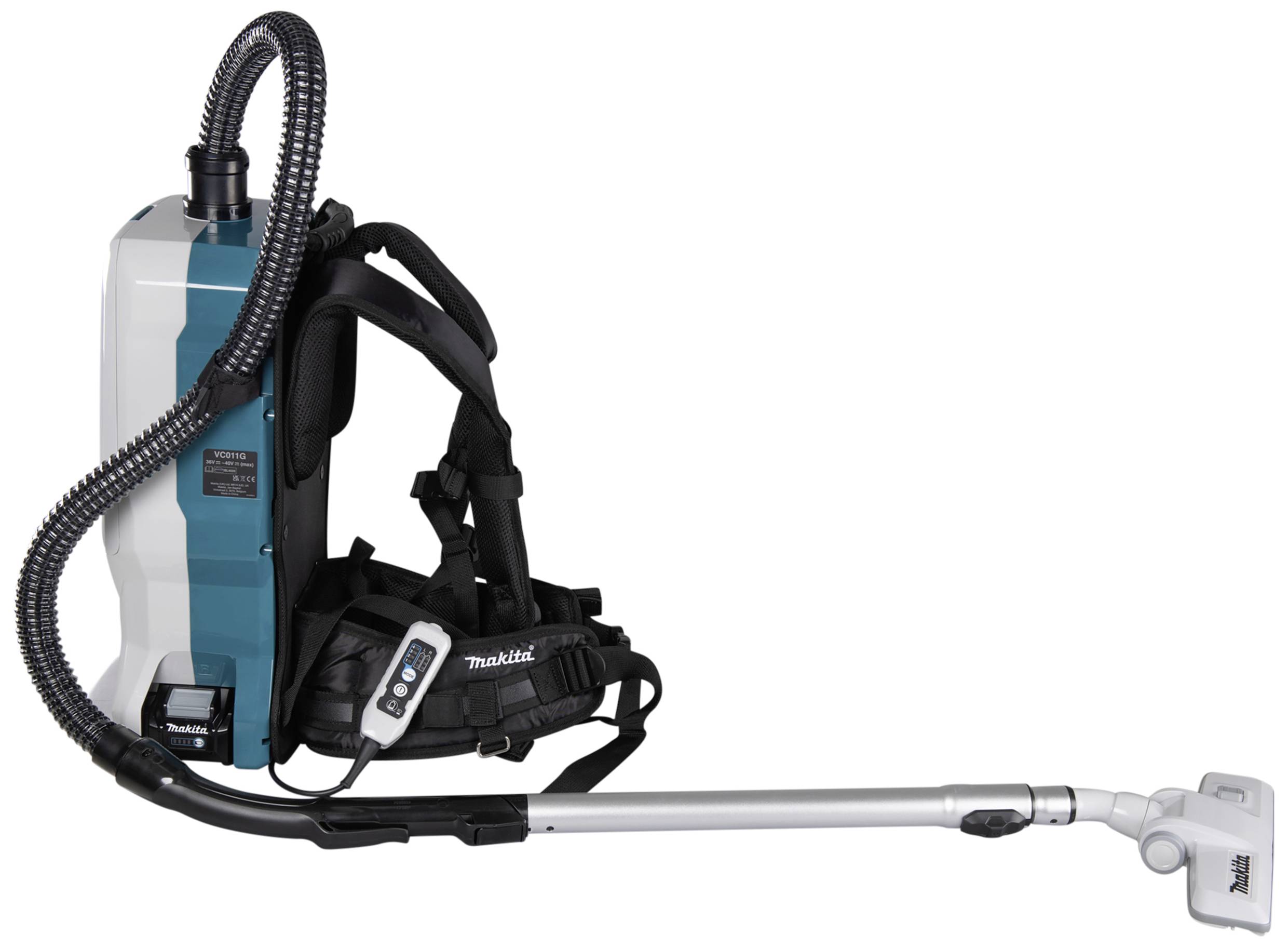 Backpack vacuum cleaner with a blue and white casing, black carrying system and silver suction tube, ideal for flexible vacuuming.