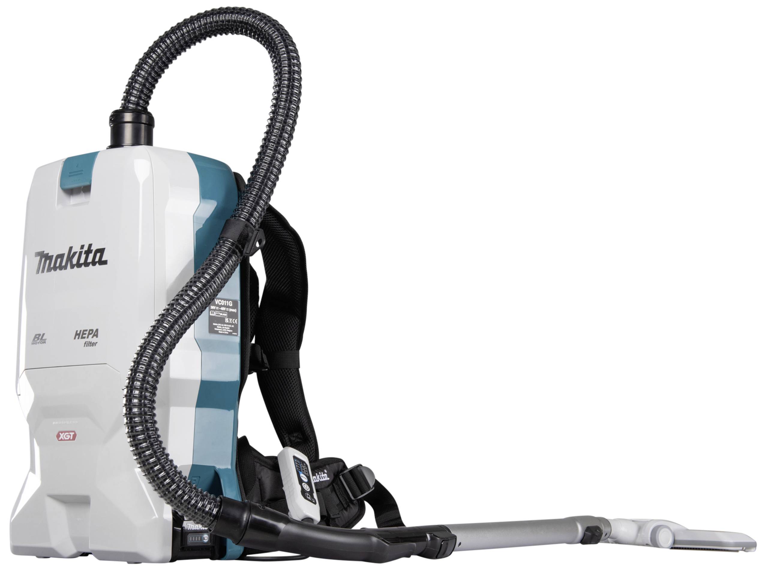 A portable backpack vacuum cleaner with hose and nozzle; brand logo and HEPA filter indicated.