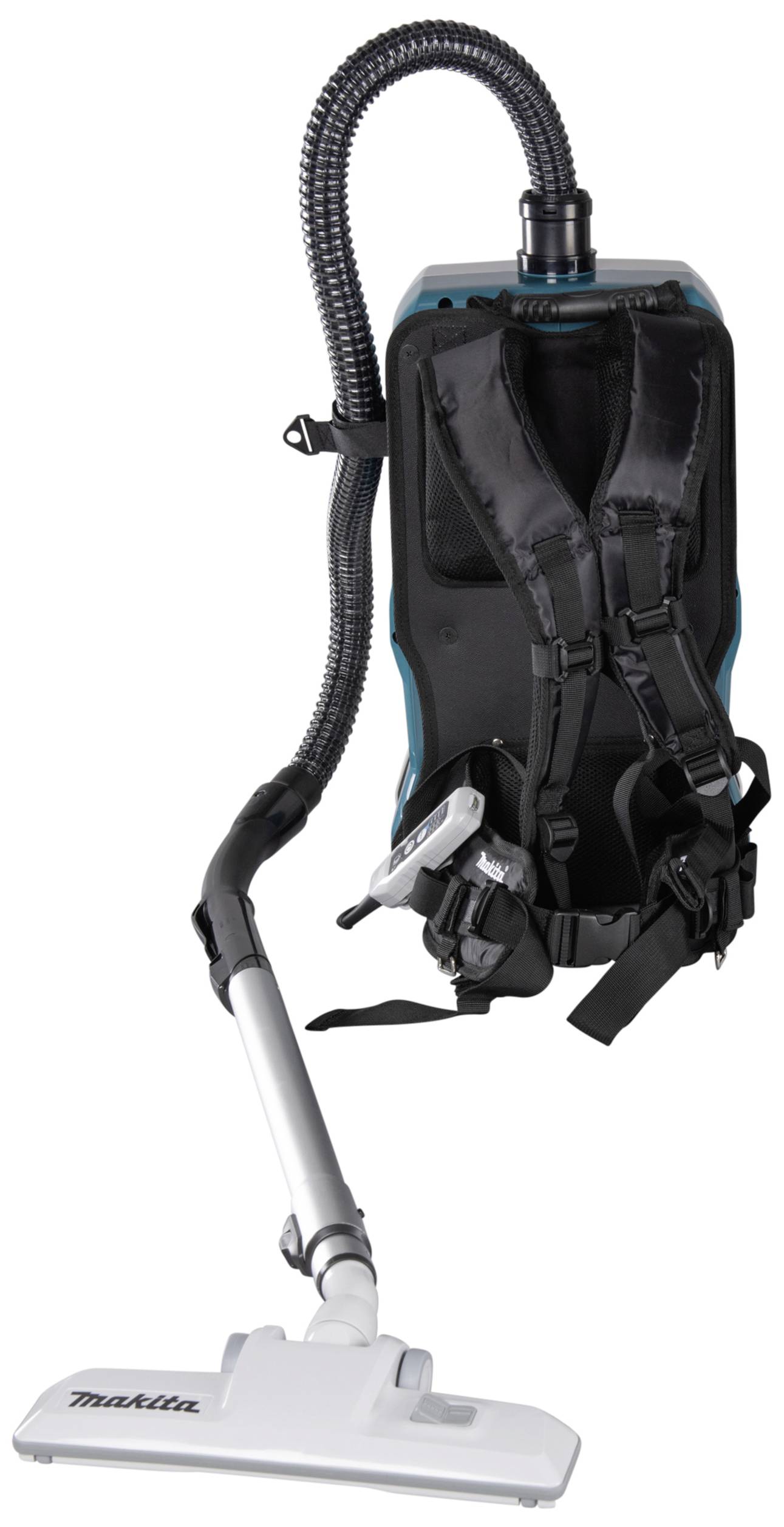 Portable backpack vacuum cleaner with suction hose and nozzle, suitable for light cleaning tasks. Brand-name device with ergonomic design.