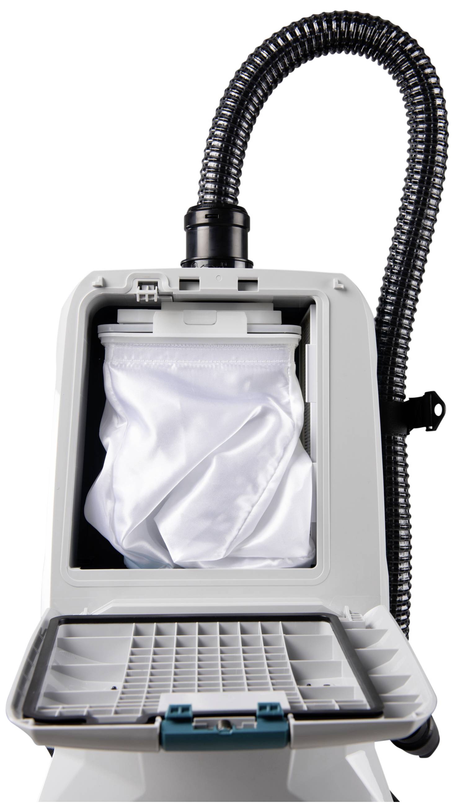 Vacuum cleaner with an open flap, showing an inserted dust bag. A black hose for suction is positioned at the top.