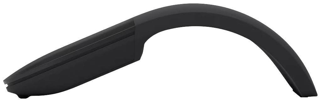 Black, ergonomically shaped computer mouse in a curved position, viewed from the side.