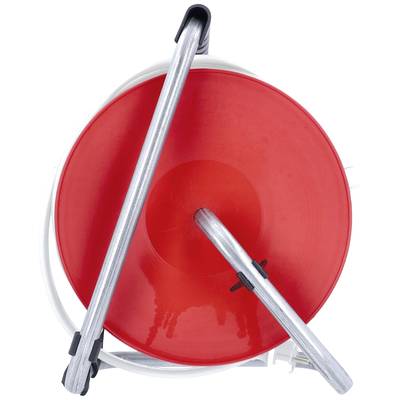 A red bucket with a lid and two metal handles, viewed from above.