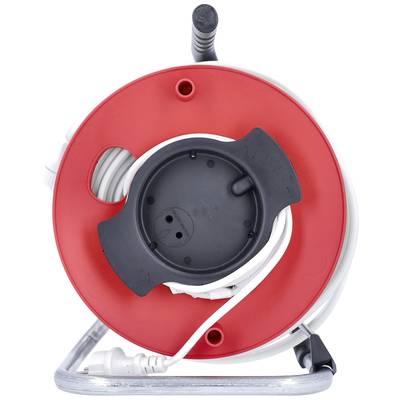 Red cable drum with black cover and coiled white cable, standing on a metal stand.