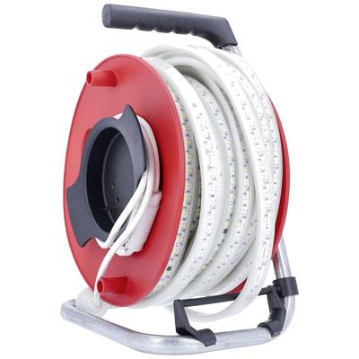 A red cable reel with a long white LED strip is wound on a metal stand.