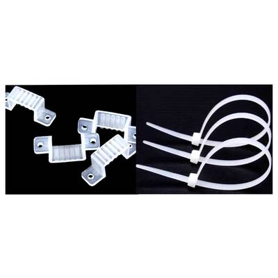 Plastic cable ties and seals are displayed against a black background, illustrating their design and use for securing items.