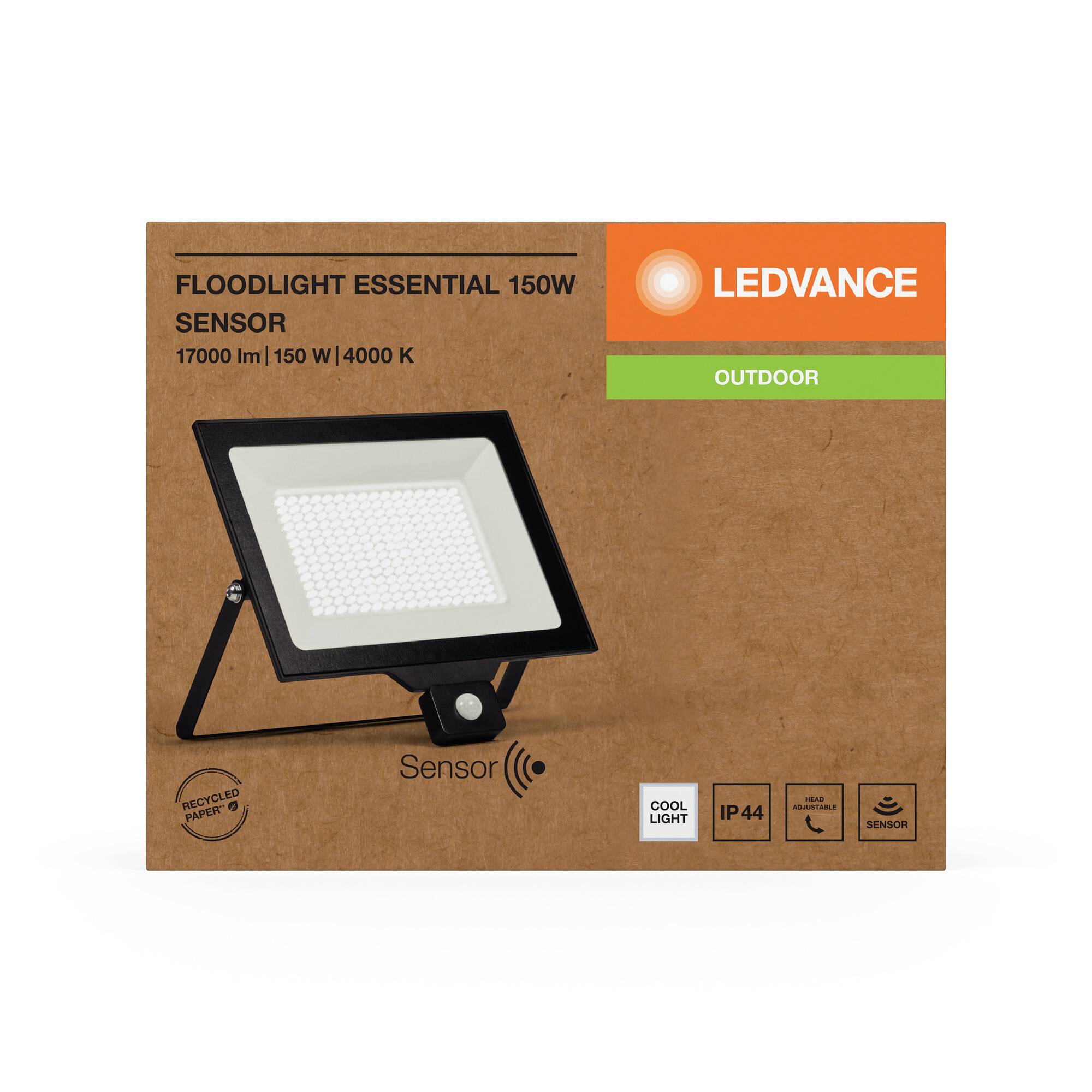 'LEDVANCE LED Floodlight Essential 150W Sensor, 17000 lumens, 150 watts, 4000K, for outdoor use, IP44, Cool White Light, Sensor-controlled.'