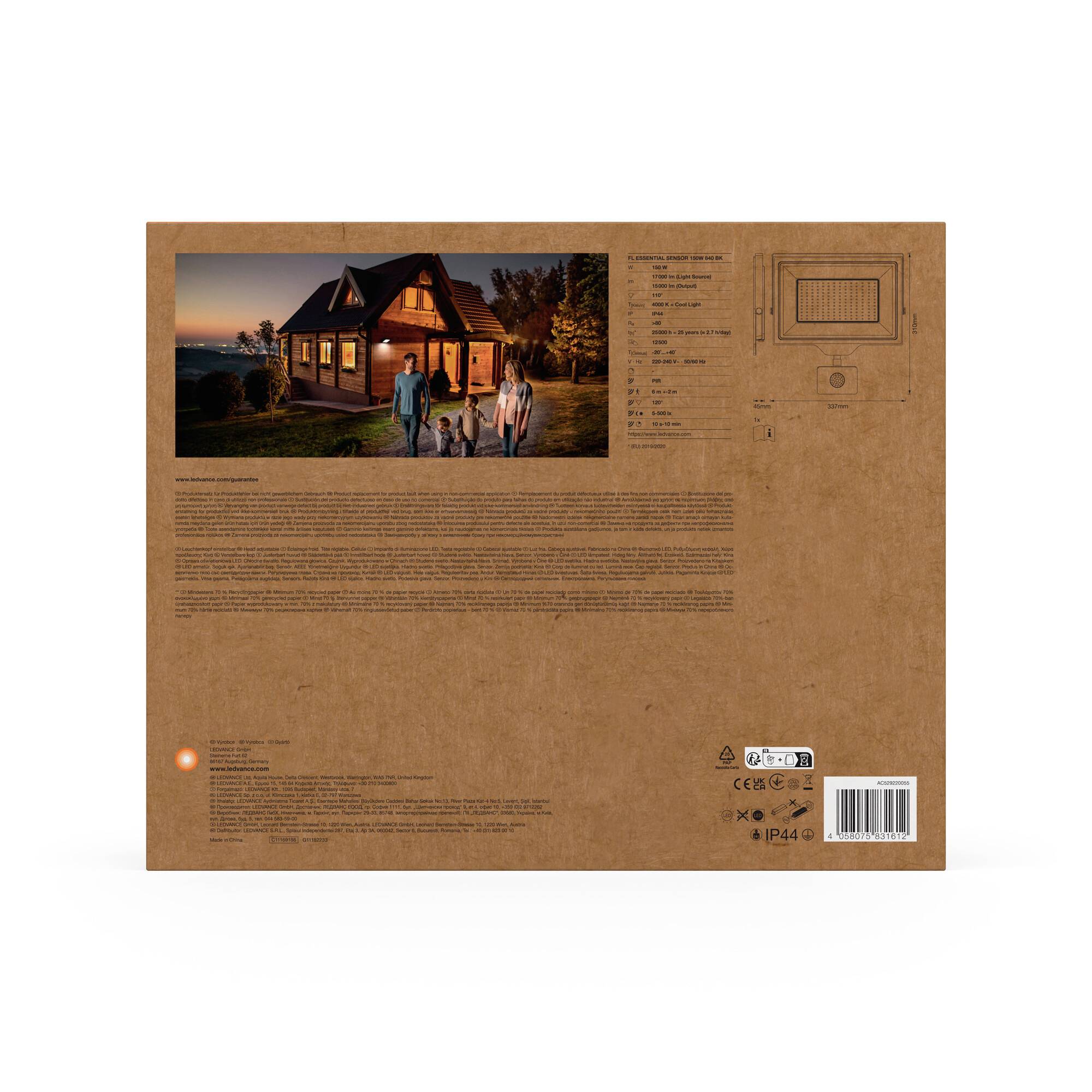 Packaging reverse with an image of an illuminated house at dusk, family in the foreground. Displays technical specifications and instructions for a lighting product.