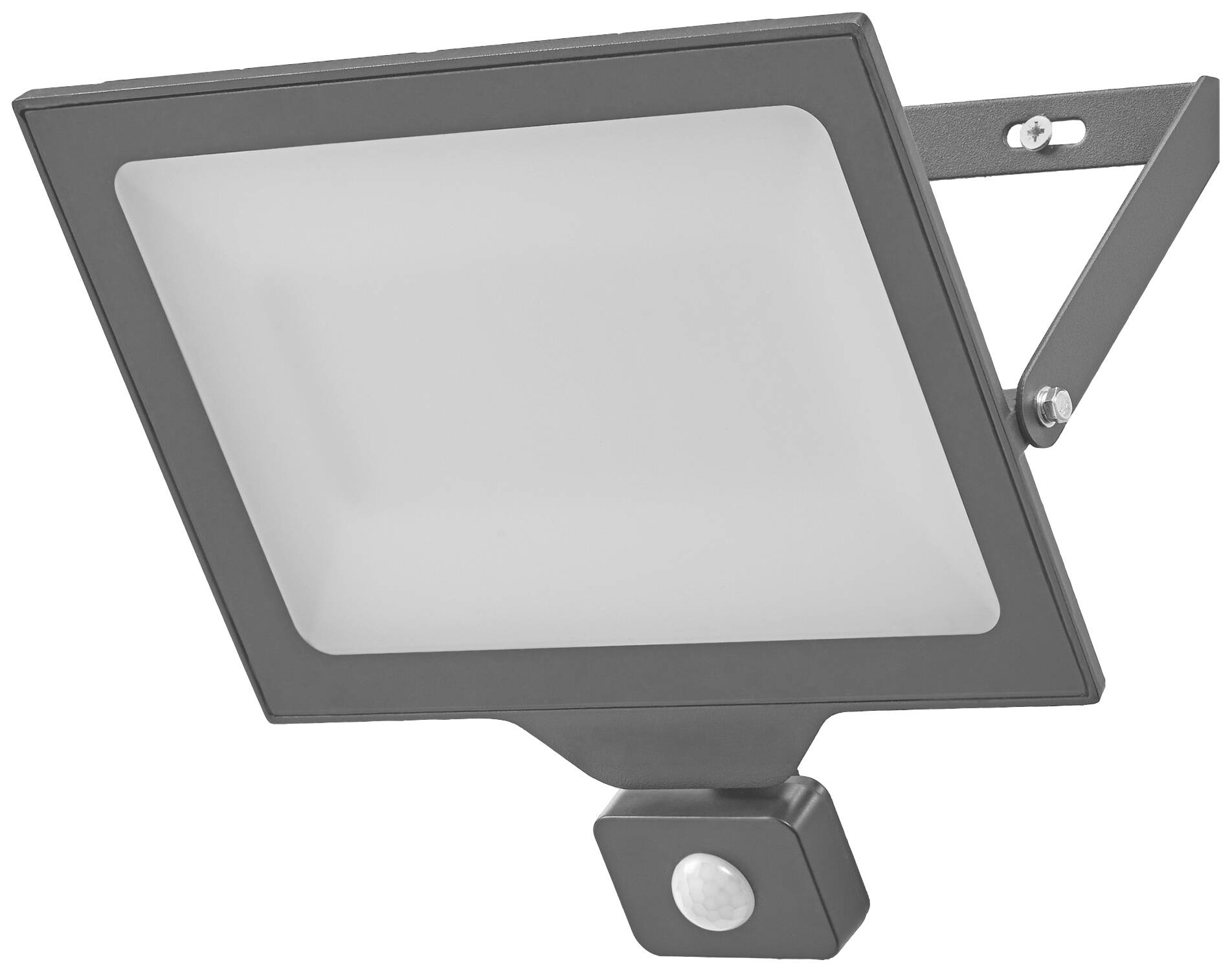 A rectangular LED flood light with a motion sensor, mounted on a bracket, suitable for outdoor lighting.