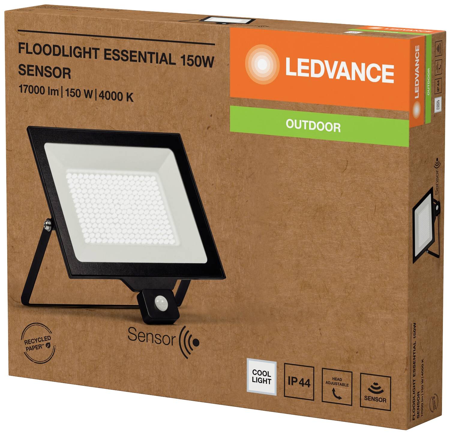 Packaging of the LEDVANCE LED floodlight lamp with outdoor sensor, 17,000 lumens, 150 watts, 4000 Kelvin.