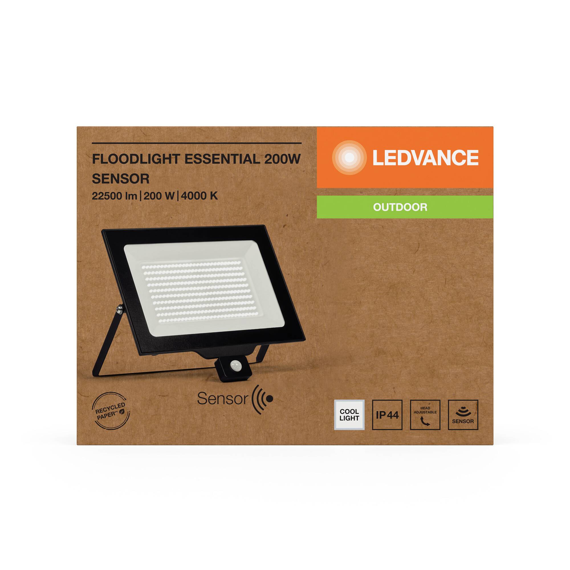 LED Outdoor Floodlight with 22,500 lumens, 200 W. Includes sensor, suitable for outdoor use, with IP44 protection and 4000 K colour temperature.