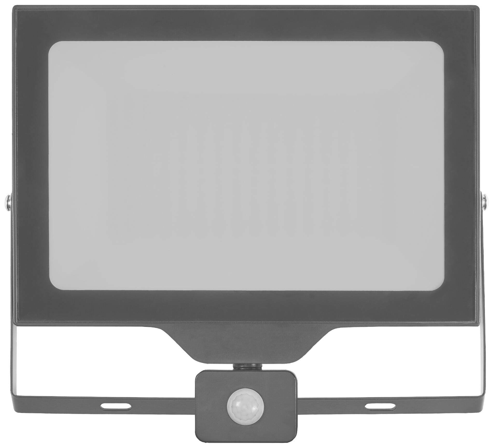 A rectangular, black LED floodlight with a motion sensor on the underside, suitable for outdoor lighting.