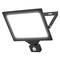 A rectangular LED floodlight with an integrated motion sensor, mounted on an adjustable metal arm. It emits a bright white light.