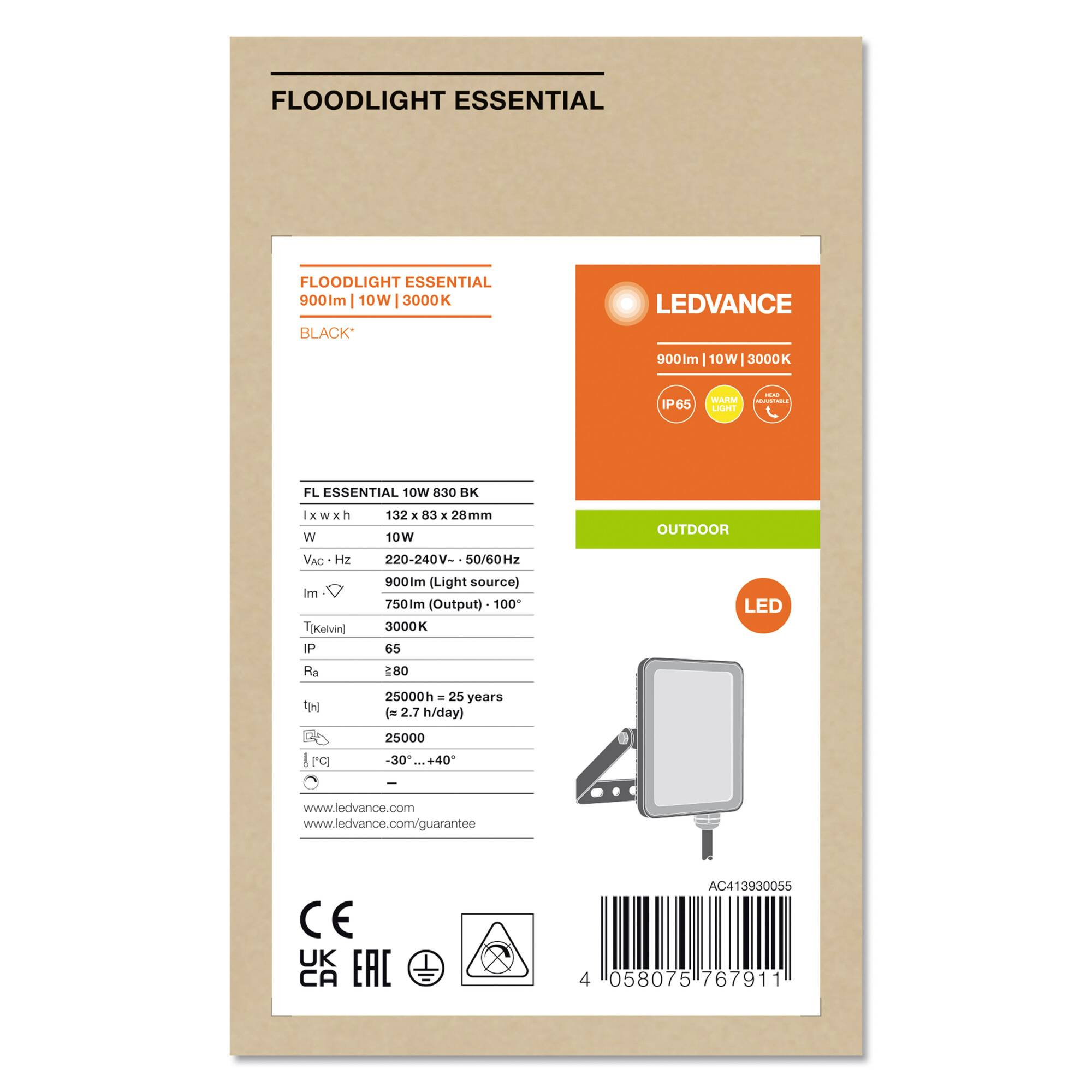 'LEDVANCE Floodlight Essential', 900 lumens, 10W, 3000K, IP65, for outdoor use. Packaging made from recyclable cardboard.