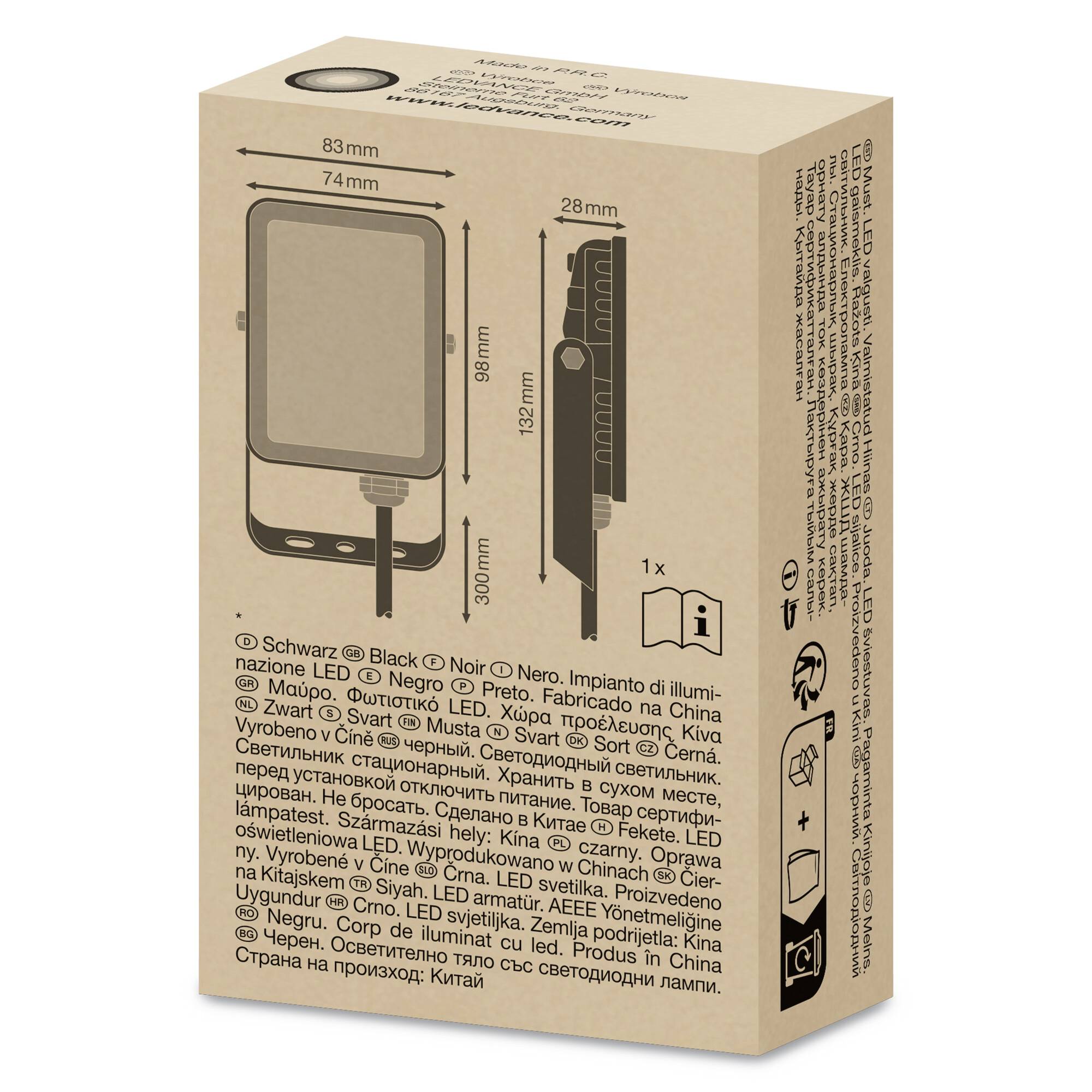 A brown box with technical specifications and drawings of an LED lamp product, with multilingual descriptions.