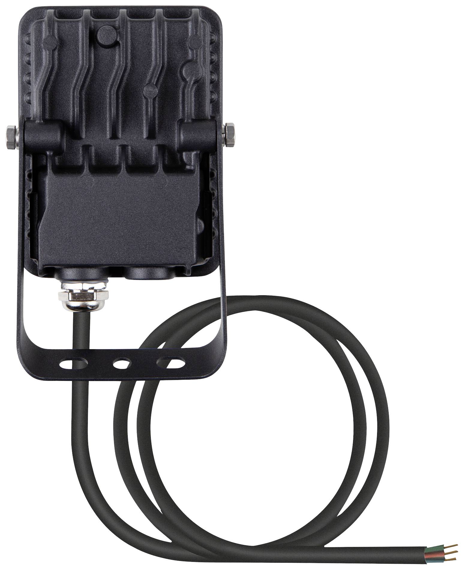 A rectangular, black LED flood light with ribbed structure and cable, mounted on an adjustable bracket.