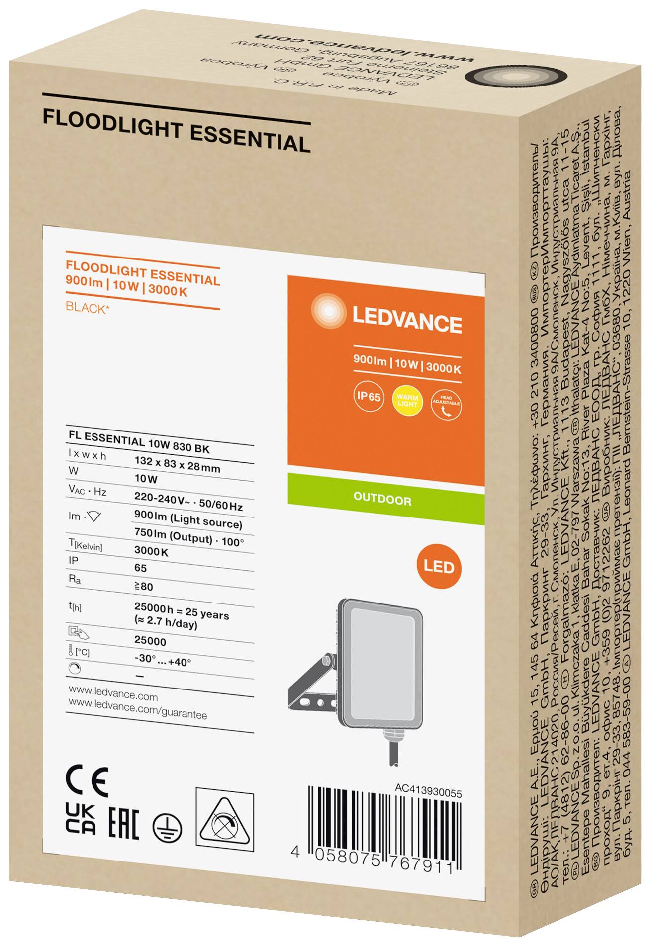 A packaging with a floodlight from LEDVANCE. Product details: 900 lumens, 10 watts, 3000 Kelvin, suitable for outdoor use.