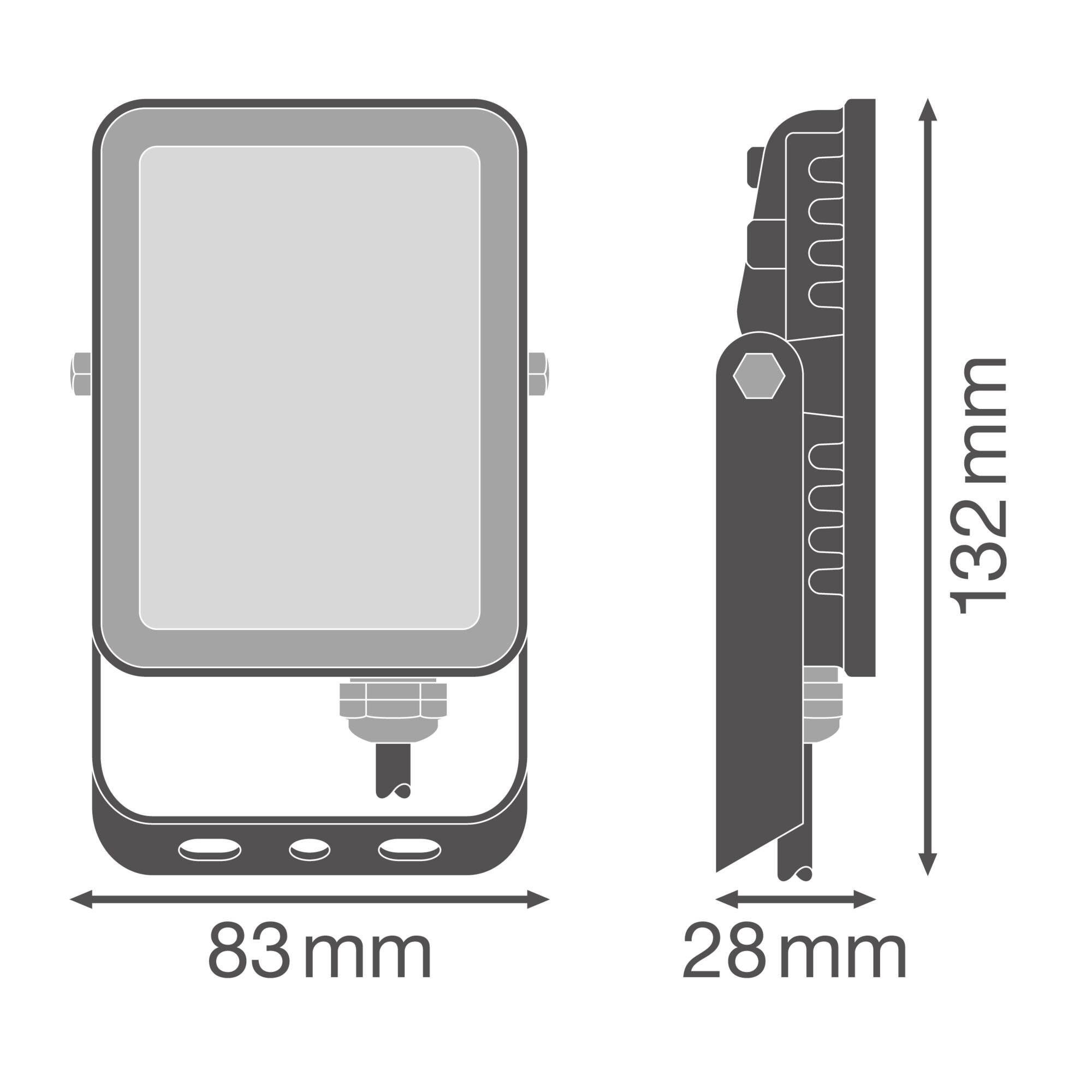 Figure of a rectangular LED light in front and side view with dimensions: width 83 mm, height 132 mm, depth 28 mm.