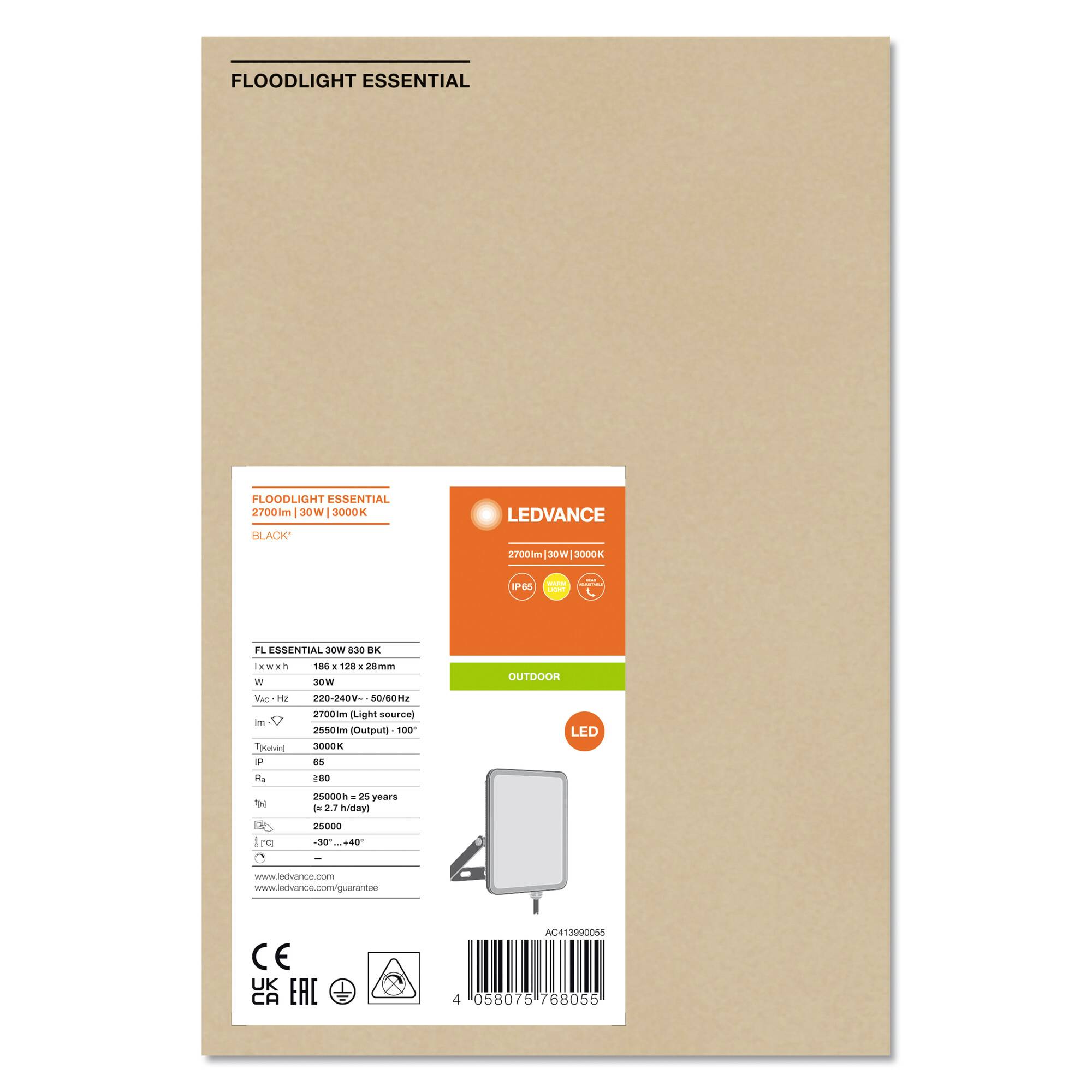 LED floodlight packaging shows brand 'LEDVANCE', model 'FOODLIGHT ESSENTIAL'. Contains technical details and energy efficiency classification.