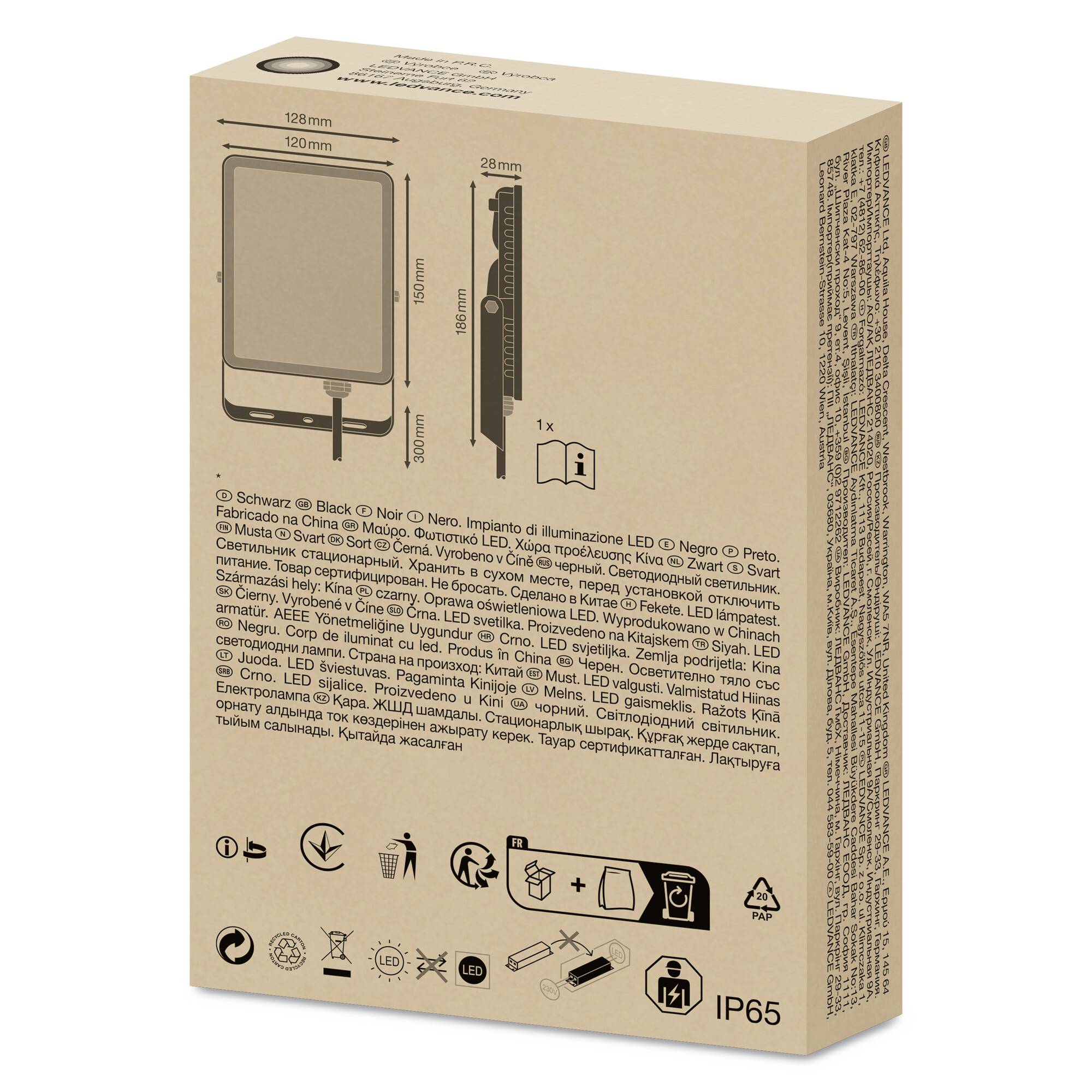 'Black LED floodlight, rectangular, dimensions: 120x28x128 mm, IP65, suitable for outdoor lighting, connection descriptions available.'