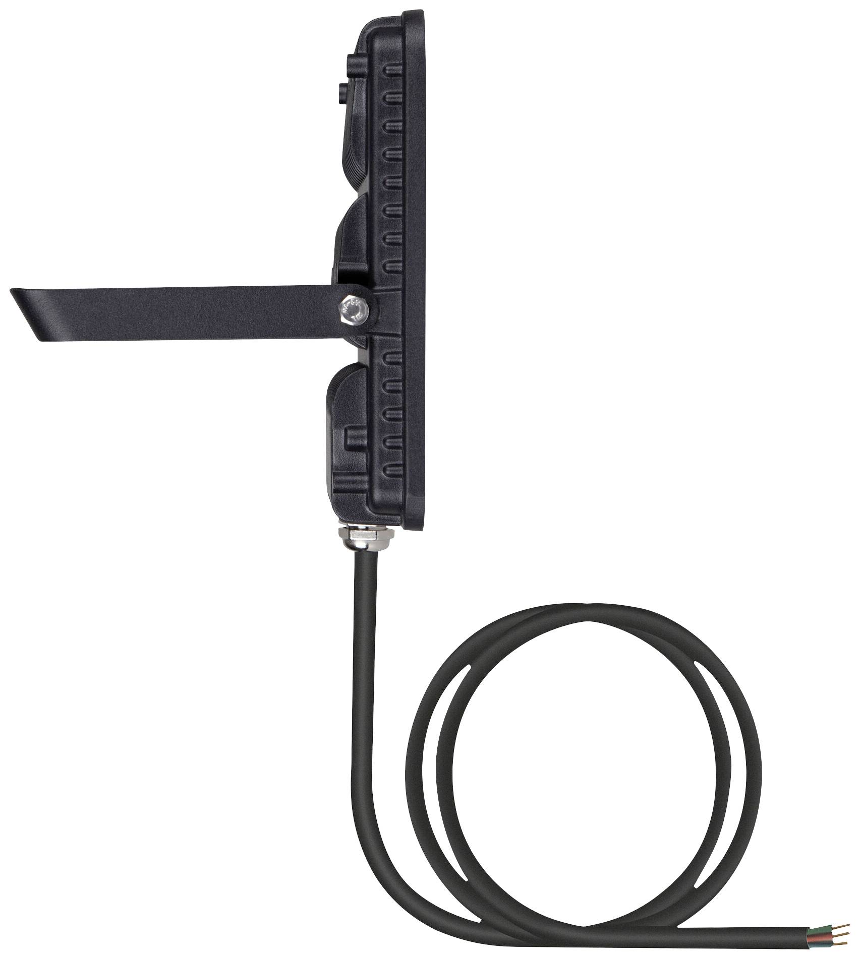 'Side view of a black LED light with mounted bracket and long power cable.'