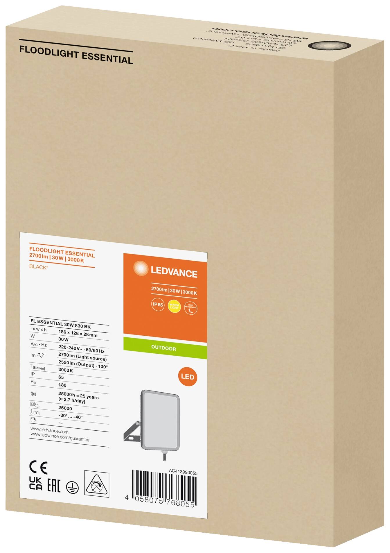 Packaging for an LED Floodlight Lamp, Brand 'Ledvance', Model 'Essential', 2750 lumens, 20W, 5000K, Suitable for Outdoor Use.