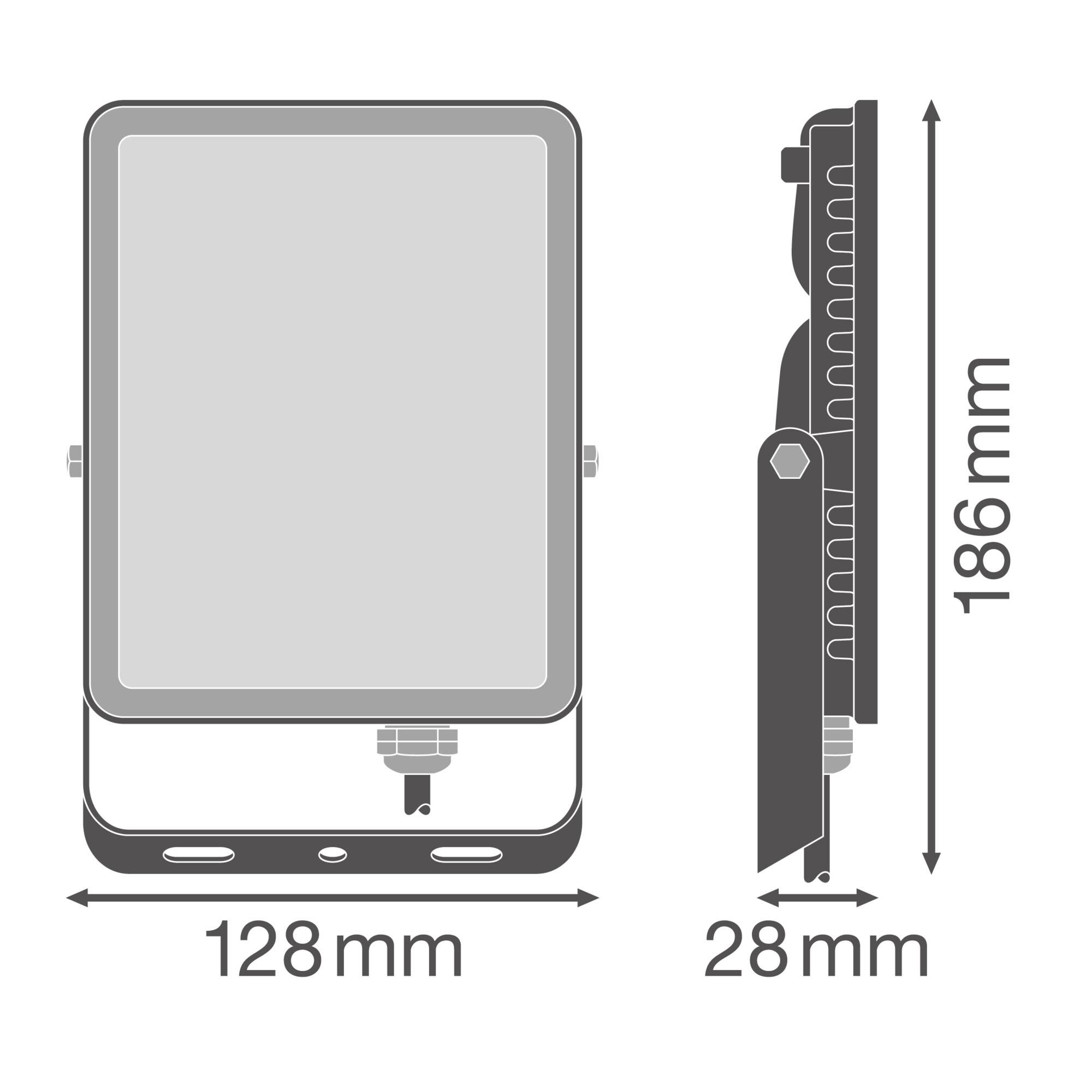 Dimensions of a rectangular LED floodlight in Grey: Width 128 mm, Height 186 mm, Depth 28 mm, with side mounting bracket.