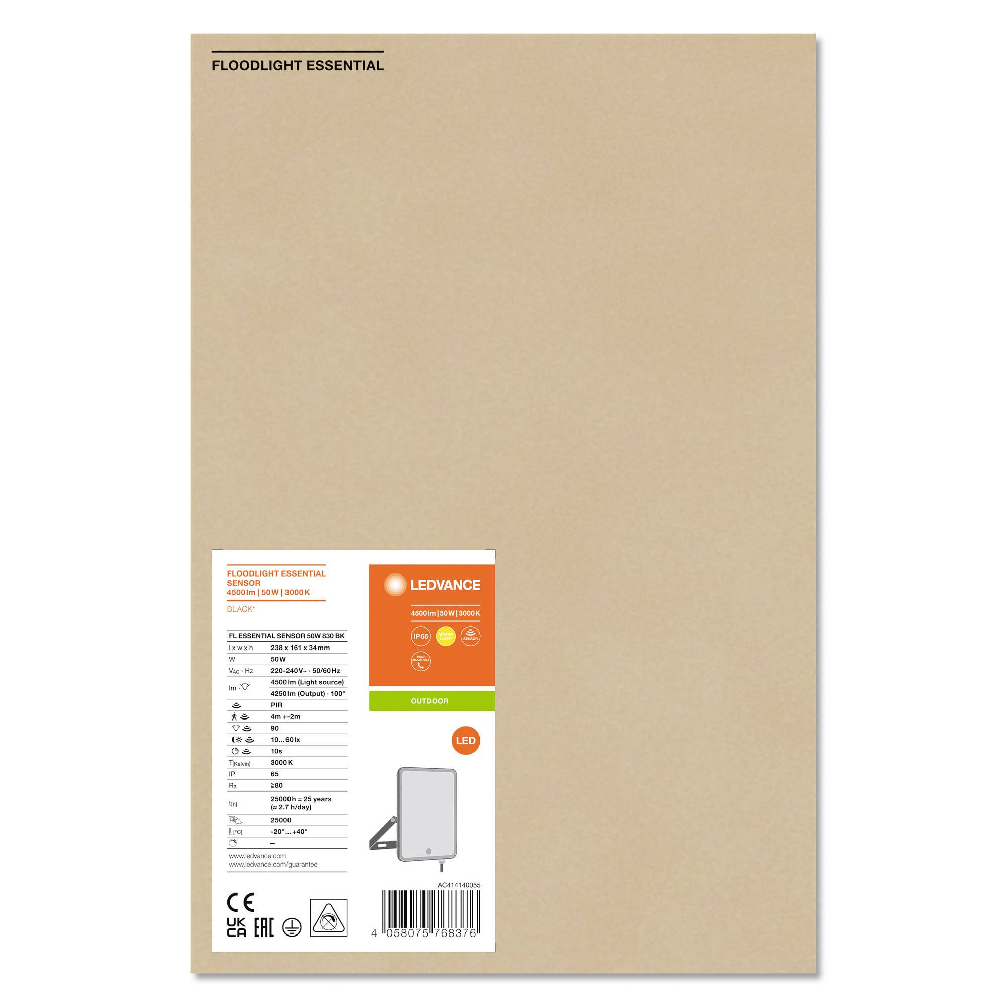 Packaging for an LED Floodlight 'FLOODLIGHT ESSENTIAL' by LEDVANCE. Displays technical details and specifications of the product.