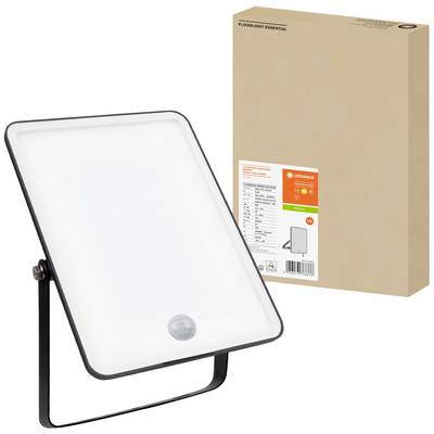 LED outdoor floodlight with rectangular white housing, adjustable stand, and motion sensor, shown beside its original packaging.