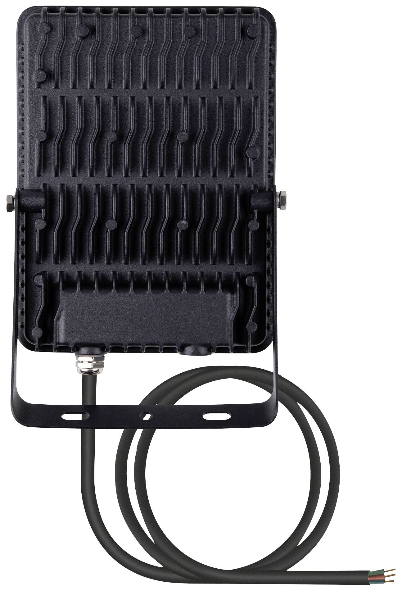 Black LED outdoor floodlight with ribbed casing, viewed from the front. A cable is connected at the bottom.