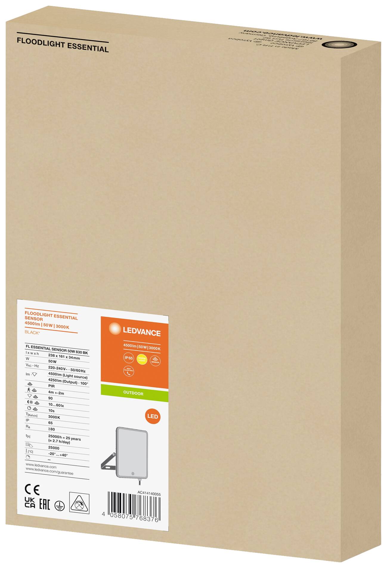 Brown packaging of an LED floodlight by LEDVANCE. Contains technical details and specifications such as energy consumption and external application.