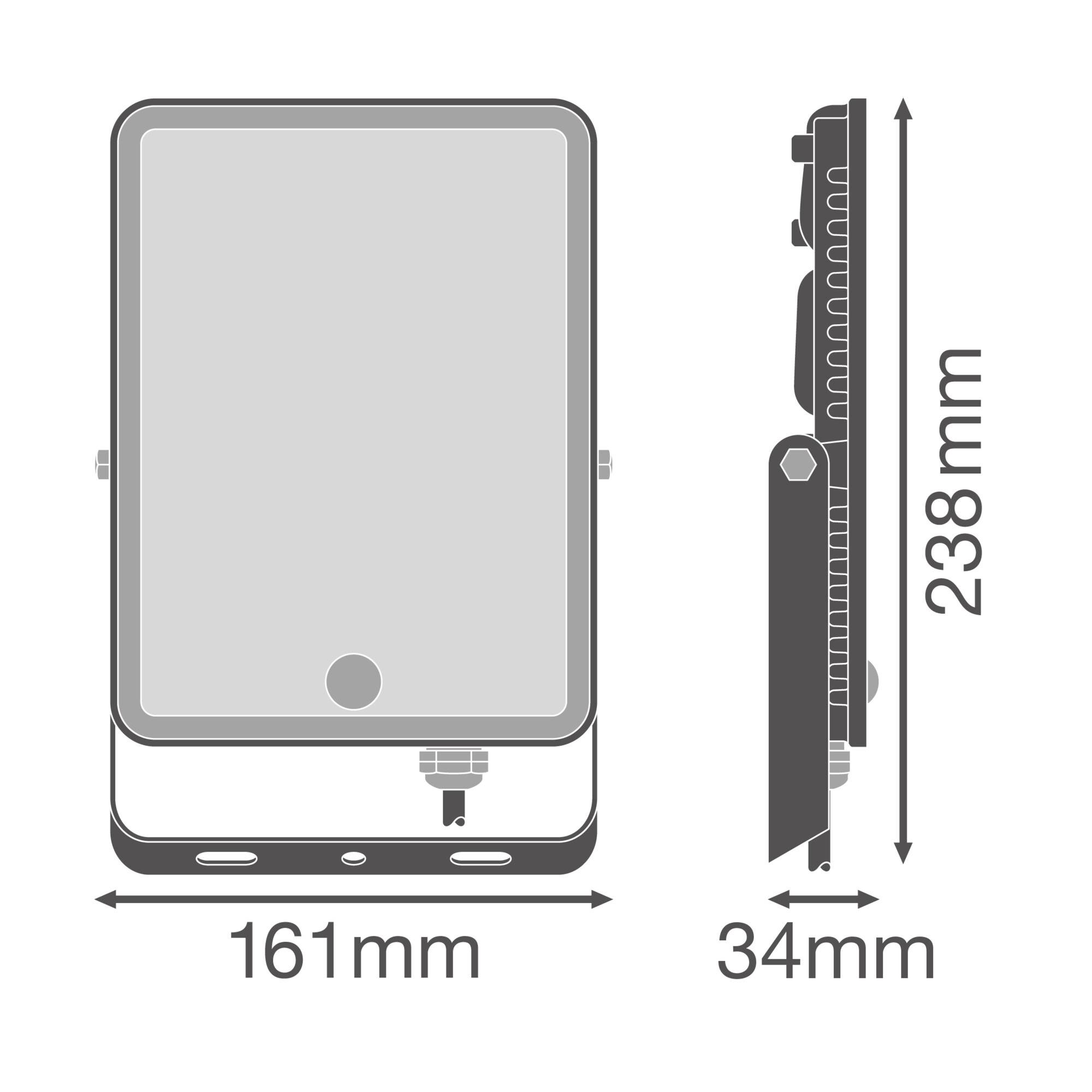 Figure shows the dimensions of a rectangular device: width 161 mm, height 238 mm, depth 34 mm. Front and side views.
