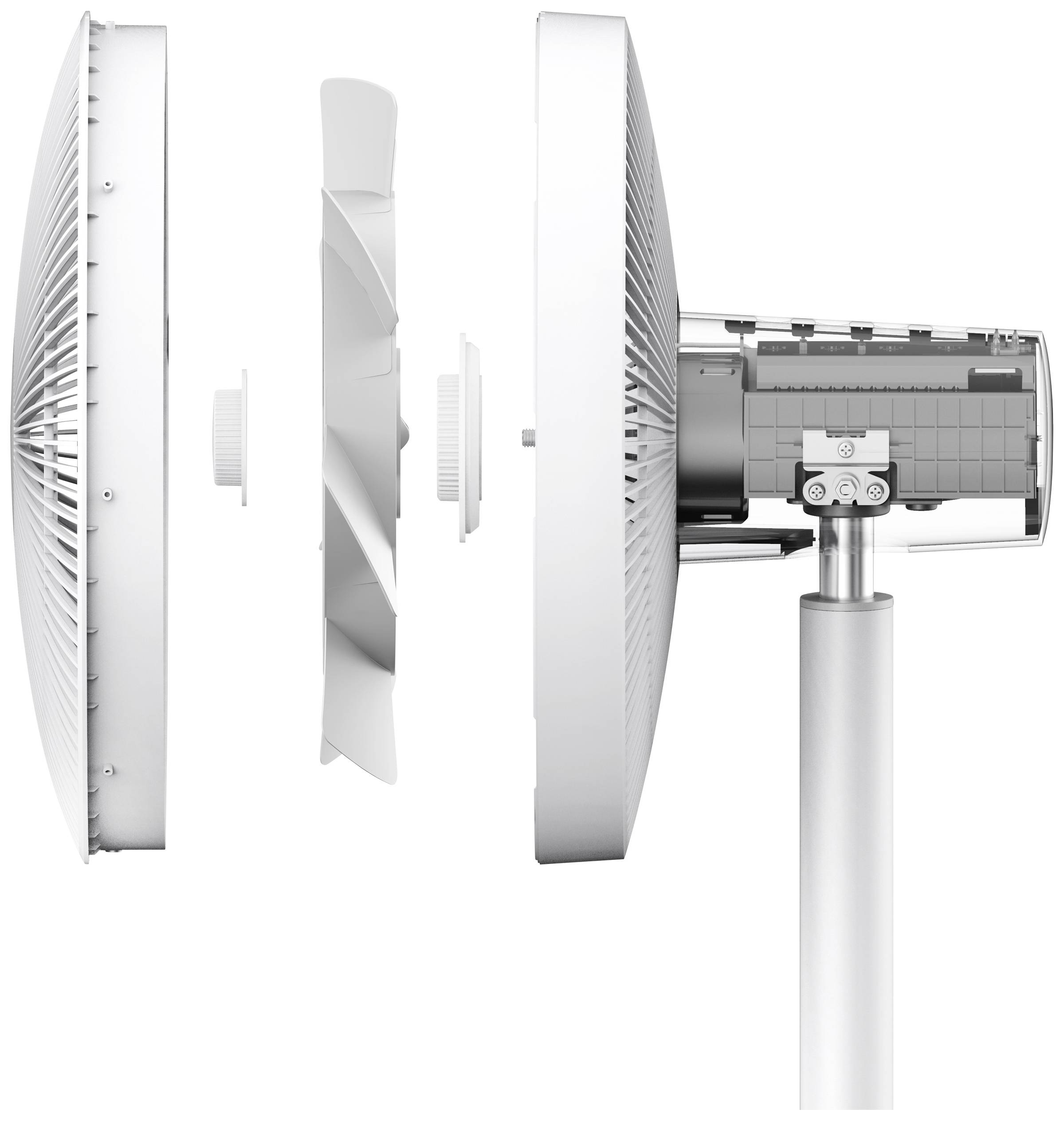 Exploded diagram of a fan. Shows rotor blades, protective grille and motor, mounted on a stand.