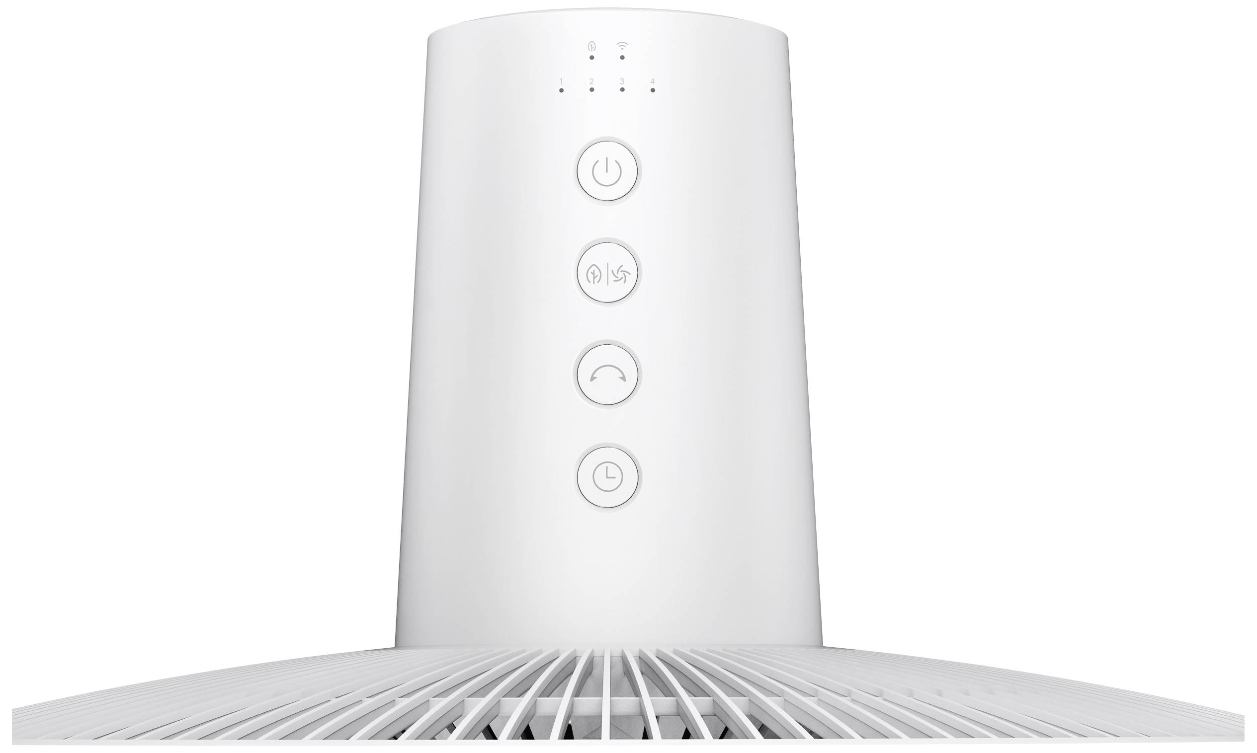 A white air purifier with five control elements on top. The buttons are round and display symbols for power, timer, mode, and more.