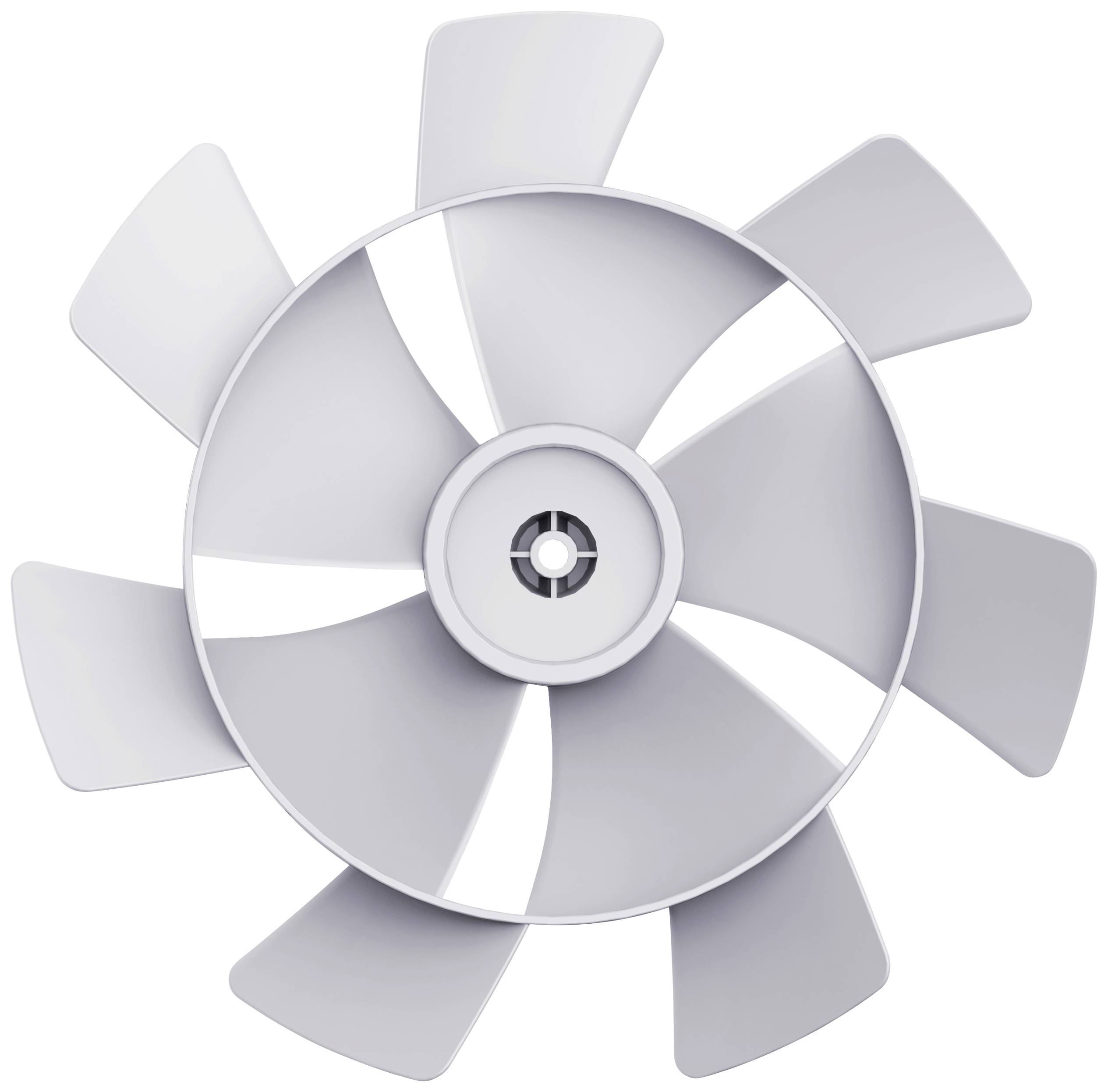 A white fan wheel with eight grey blades, symmetrically arranged, shows a front view. Suitable for illustrating rotors.