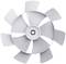 A white fan wheel with eight grey blades, symmetrically arranged, shows a front view. Suitable for illustrating rotors.