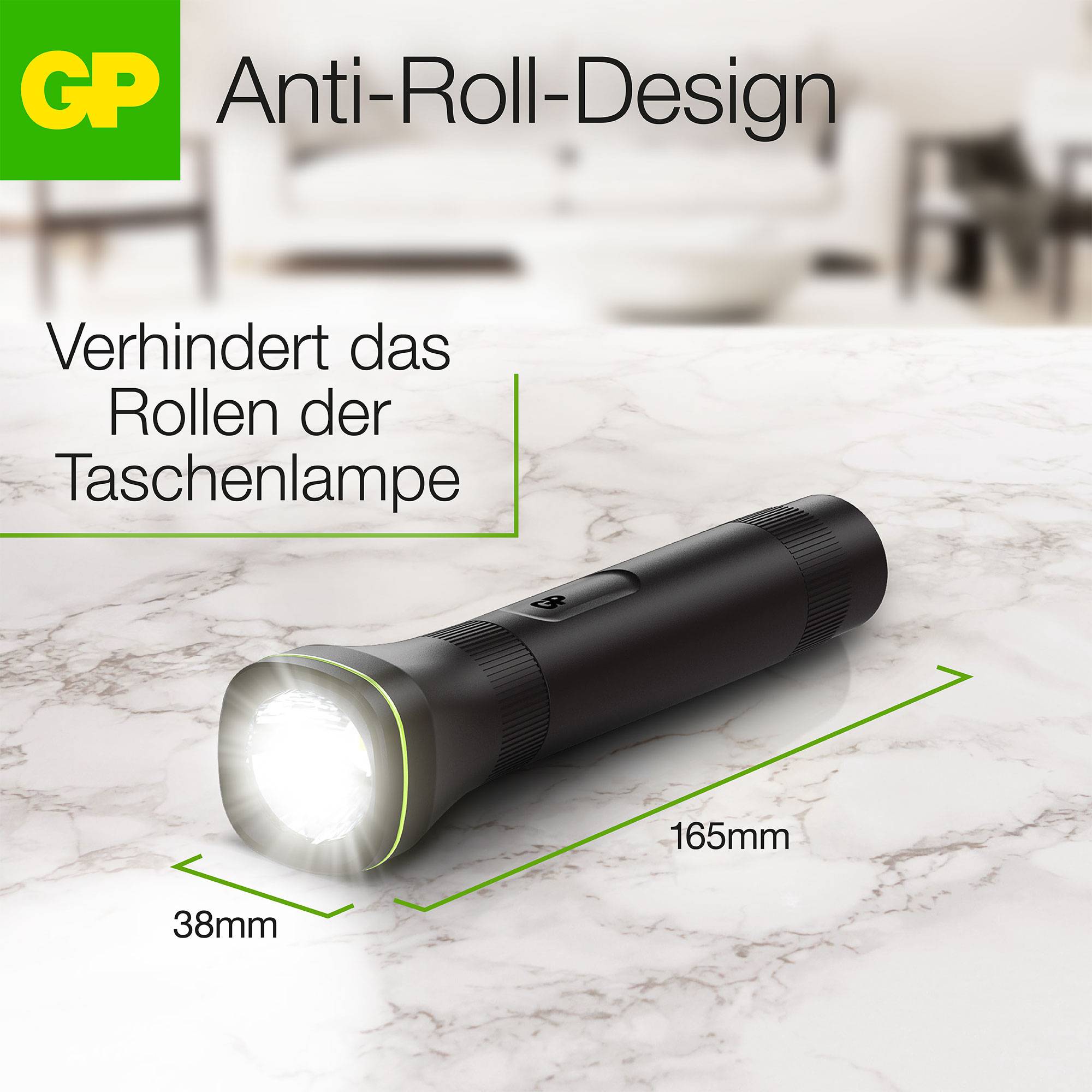 Torch with anti-roll design, prevents rolling, ideal for smooth surfaces. Size: 165mm length, 38mm diameter.