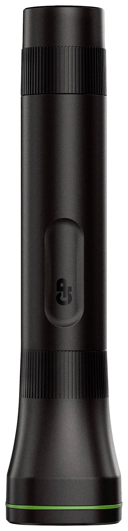 Black torch on white background, cylindrical shape, with a textured handle.