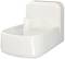 White, modern drinking fountain with rounded edges and a small, central water outlet.