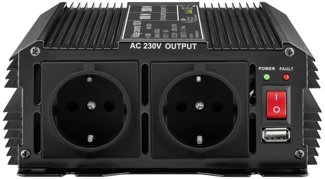 A black voltage converter with two plug sockets, a switch, USB port and 'AC 230V OUTPUT' text, suitable for electrical devices.